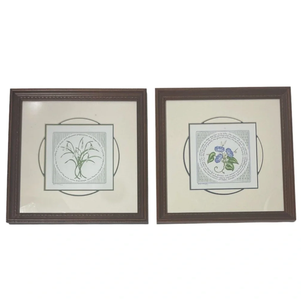 Vintage Signed Art Pictures Susan Loy Literary Snowdrops Hope & Morning Glories